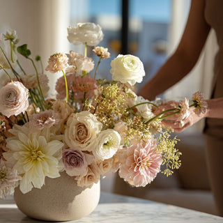 Bouquet of luxury arrangement of faux flowers from true bloom floral in a vase on a table with a blurred background