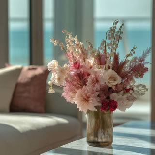 Styledlight pink  lily of the valley faux floral stems, dahlia, roses, and other spring florals in a vase on a marble table in a luxury modern coastal home