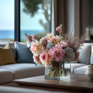Ombre Pink True Bloom Real Touch dahlias styled with layered blush florals, soft greenery, and romantic garden-inspired textures in an elevated arrangement.
