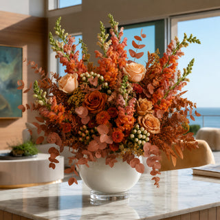 A large, vibrant autumn floral arrangement in a white ceramic bowl vase, set on a marble countertop in a modern, sunlit interior with a view of the ocean.