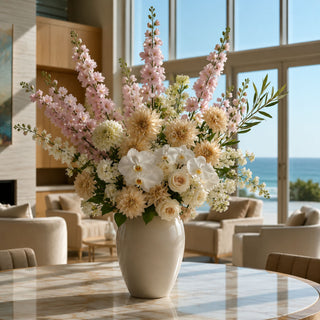 Elegant faux floral arrangement with pink real touch delphinium stems with  other complimentary florals displayed in neutral  ceramic vase on marble coffee table in bright living room – sophisticatedyear-round centerpiece for modern home décor