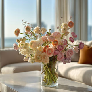 Syled arrangement of ranunculus stems and rosed in a glass vase on a marble table in modern california coastal home