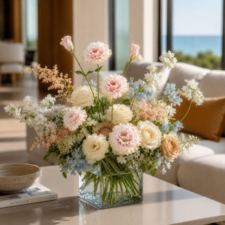 creamy blush pink real touch lisianthus stems style din an arrangement in a square glass vase on a marble table in a luxury coastal home 