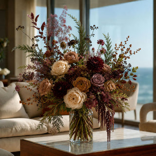 A large, rustic dried and fresh flower arrangement in a clear glass vase, displayed on a marble-topped table in a bright living room with a view of the ocean.