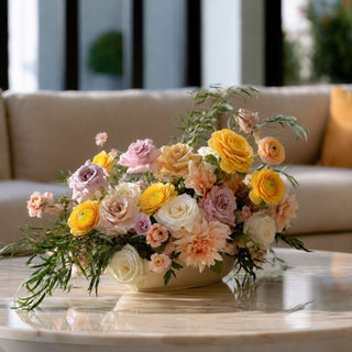 Yellow True Bloom real touch ranunculus stem featuring two open layered blooms and one developing bud on a flexible green stem. This soft pink faux floral stem works beautifully in spring, summer, and romantic year-round arrangements, pairing effortlessly with garden roses, weeping eucalyptus, peonies, dahlias, cosmos, and flowering branches for a fresh, designer-inspired floral display. 