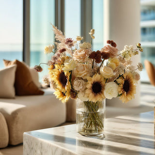Sunflower floral arrangement with cream roses and warm neutral tones in a clear glass vase styled on a marble coffee table in a sunlit modern interior for true bloom floral