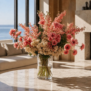 Dark pink real touch buttercup stems styled in a glass vase with blush florals and neutral accents on a wood coffee table in a modern living room