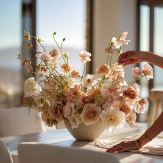 styled True Bloom Floral Arrangement of Mixed Florals with a woman styling them on a table with a blurred background