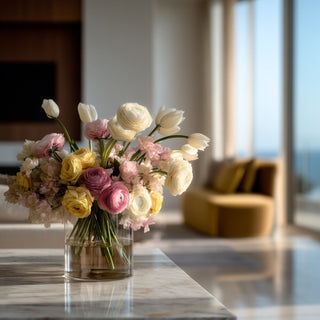 Spring/summer inspired cream ranunculus arrangement of flowers in a clear vase on a marble surface with a blurred indoor background