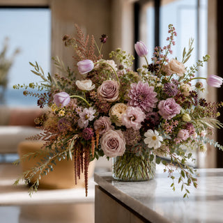 Luxury fall floral arrangement featuring light purple real touch tulips, mauve roses, cream dahlias, lisianthus, cosmos, burgundy amaranthus and eucalyptus in a clear glass vase, styled for elegant late summer and autumn home decor