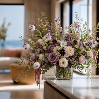 A large, lush floral arrangement in a clear glass vase, featuring purple and white roses, tulips, and green foliage, displayed on a marble countertop in a bright, modern interior setting.