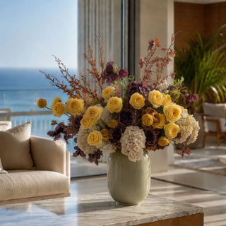 Close-up detail of Yellow True Bloom Real Touch Austin rose petals showing layered garden-inspired texture, warm golden tones, and realistic floral shaping for elevated seasonal arrangements.