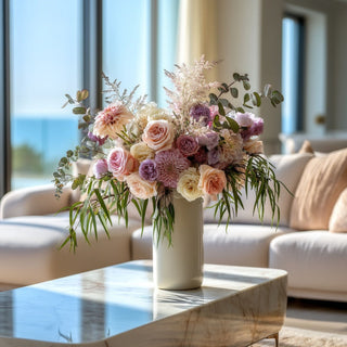 44-inch faux weeping eucalyptus branch styled in a tall sculptural faux floral arrangement on a marble surface in a light-filled modern interior for organic year-round greenery styling
