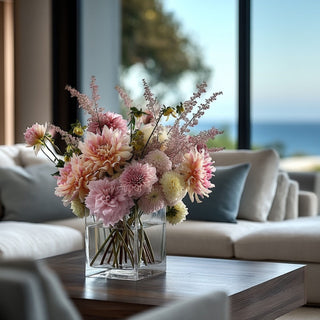 Ombre Pink True Bloom Real Touch dahlias styled with layered blush florals, soft greenery, and romantic garden-inspired textures in luxury arrangement.
