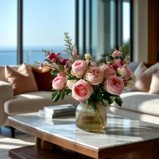 Pink True Bloom Real Touch artificial Austin Rose Stem styled in a beautiful floral arrangement on a marble coffee table in a luxury living room of  coastal home 