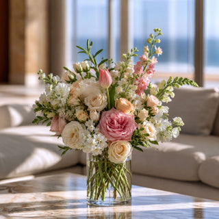 faux floral arrangement featuring blush pink garden roses, champagne duchess roses, ivory ranunculus, soft white stock flowers, delicate tulips, and airy spring blooms styled in a clear glass vase on a marble coffee table in a luxury neutral living room.