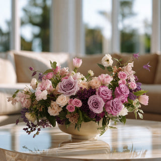 Luxury faux floral centerpiece with blush pink blooms, light purple duchess roses, and romantic garden-inspired stems styled in a sculptural cream bowl vase by True Bloom Floral