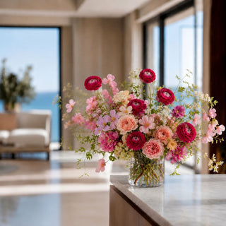 Fuchsia True Bloom Bud and Bloom Ranunculus stems styled with peach roses, pink cosmos, airy fillers, and greenery in a luxury floral arrangement; works beautifully in spring, summer, and fall because the saturated fuchsia blooms create focal contrast while softer florals balance the overall design.