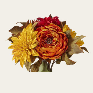 Close-up of the Sunset faux floral bundle highlighting layered orange peonies, golden sunflowers, crimson flowers, and realistic seasonal foliage with rich late-summer and fall color.