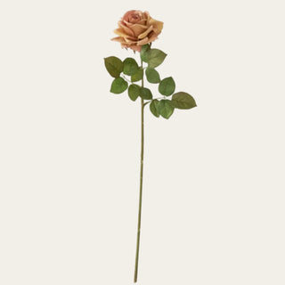 Single tan w/ orange True Bloom real touch rose stem with warm dimensional petals, faux green leaves, and a wired stem