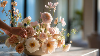a high-end floral arrangement, editorial designer styling, arranged with natural asymmetry and airy composition, placed in a sculptural ceramic or stone vessel from True bloom floral