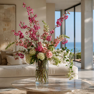 Fuchsia faux cherry blossom spray stems styled with soft pink cherry blossoms in a clear glass vase on a marble coffee table in a luxury coastal living room; ideal for spring and summer arrangements because the vibrant fuchsia blooms create focal interest and movement while the softer pink blossoms add depth, balance, and a layered garden-inspired look.
