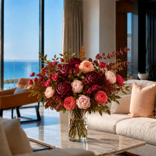 Luxury burgundy peony floral arrangement in a clear glass vase featuring blush and coral garden roses, burgundy eucalyptus, and autumn botanicals in a California coastal living room overlooking the ocean. Premium faux flowers by True Bloom Floral.