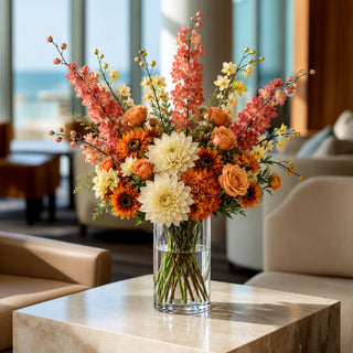 37-inch dark peach faux delphinium stems styled in a tall glass vase with warm autumn florals, cream dahlias, orange blooms, and layered greenery for a rich fall arrangement with airy vertical movement and transitional seasonal color.