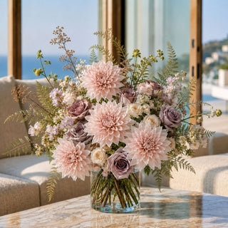 Luxury faux light pink dahlia floral arrangement with soft mauve roses and airy greenery in a clear glass vase, styled in a bright California coastal living room by True Bloom Floral.