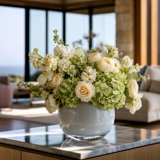 green real touch hydrangea 6-stem bundle styled in a white vase on a modern kitchen island, creating a fresh year-round faux floral arrangement that works beautifully with spring greenery, summer neutrals, fall warm tones, and winter or holiday styling.
