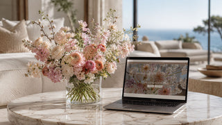 True Bloom Florals Jounral and Blog on all things Luxury Faux Florals. Image of a laptop in a sunny california living room on luxury marble coffee table