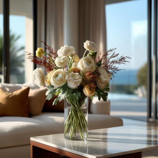 Neutral color inspired floral arrangement with the cream 25 inch real touch true bloom ranunculus stem. Styled on a marble coffee table in a modern living room with ocean views in the background