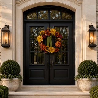 Luxury 25 inch artificial peony, dahlia, and sunflower fall wreath displayed on a black front door with coordinated seasonal planters. Realistic faux autumn wreath for elegant front porch and entryway decorating.