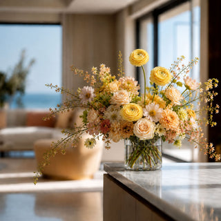 Yellow True Bloom real touch ranunculus stem featuring two open layered blooms and one developing bud on a flexible green stem. This soft pink faux floral stem works beautifully in spring, summer, and romantic year-round arrangements, pairing effortlessly with garden roses, peonies, dahlias, cosmos, and flowering branches for a fresh, designer-inspired floral display.
