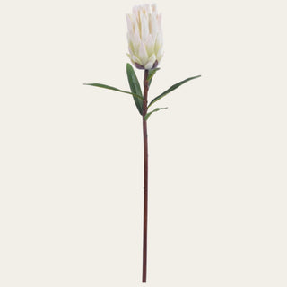 29-inch white mink protea stem with velvety flocked petals, sculptural ivory bloom, and natural faux foliage for modern organic floral arrangements and year-round styling.