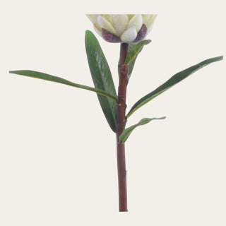 Close-up detail of the white mink protea stem and foliage showing realistic faux greenery, natural stem structure, and sculptural floral styling for modern organic arrangements.
