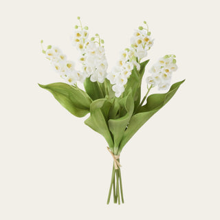 White Real Touch Lily of the Valley 6 stem floral bundle with delicate bell-shaped blooms and fresh green leaves styled for refined spring and year-round home decor arrangements.
