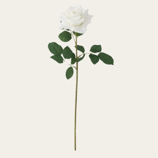 White True Bloom real touch duchess rose stem with crisp layered petals, faux green leaves, and a wired stem, designed for refined faux floral arrangements that work beautifully in all four seasons, especially holiday styling.
