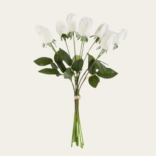 17.5-inch White True Bloom Real Touch Rose 9 Stem Bud Bundle with soft ivory rose buds, realistic foliage, and flexible wired stems for elegant floral arrangements that pair beautifully with greenery, blush florals, seasonal blooms, and holiday styling throughout the year.