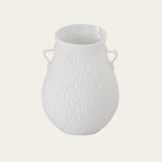 White Double Handle Vase with matte textured exterior, glossy interior, side handles, standard opening, and felted feet for styling faux greenery, palms, protea, hydrangeas, roses, and seasonal stems.