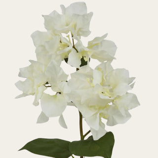 Close-up of white faux bougainvillea blooms with soft layered petals and green foliage, designed to add airy movement and floral texture to narrow-neck, everyday, and standard vase arrangements.

