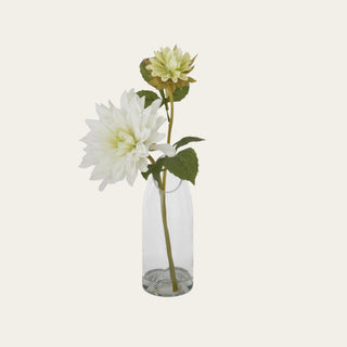White Real Touch Dahlia premade arrangement in a clear glass vase with faux water, featuring two white dahlia blooms and greenery for spring until early fall shelf, vanity, desk, nightstand, and small-space floral styling.