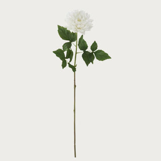 White Real Touch Dahlia Stem shown in full view with layered white petals, traditional faux green leaves, and a wired shapeable stem for everyday, narrow-neck, standard, wide-mouth, and statement vase arrangements.