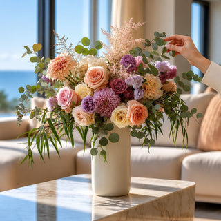 Woman's hand styling the 32 inch green round eucalyptus stem in an beautiful floral arranged in a vase on a marble table in a luxury modern contemporary coastal home 