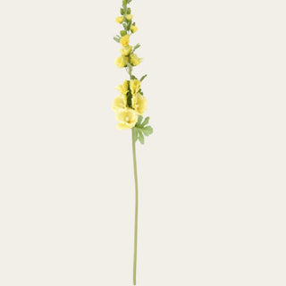 Single 43-inch yellow faux hollyhock stem with layered blooms, velvet-textured foliage, and flexible wired stem for spring, summer, and early fall floral arrangements with airy garden-inspired styling.