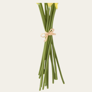 Stem detail of a 14 inch artificial Real Touch yellow calla lily bundle showing flexible green stems and realistic faux floral construction for elegant home arrangements.