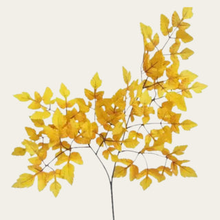 Close-up of fabric Yellow Cimicifuga Ramosa leaves with serrated edges, visible veining, and varied golden yellow, mustard, and warm amber tones.