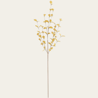 Yellow eucalyptus stem shown in full view with soft fabric leaves and a wired shapeable branch, ideal for statement, wide mouth, everyday, narrow neck, and standard vases in year-round and holiday styling.