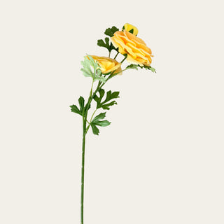 Yellow real touch triple bloom ranunculus stem with three soft ruffled blooms, green faux leaves, and a flexible wired stem