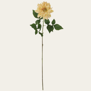 Yellow Real Touch Dahlia Stem shown in full view with soft yellow petals, subtle pink-tipped edges, faux green leaves, and a wired flexible stem for everyday, narrow-neck, standard, wide-mouth, and statement vase arrangements.